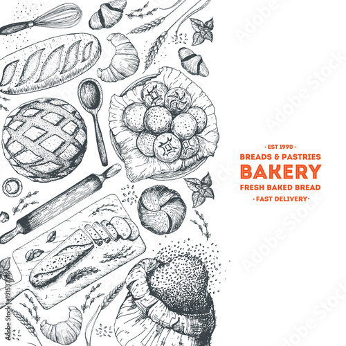 Bakery illustration. Vintage frame with bread, toast, pie, buns and croissant. Engraved style vector illustration.