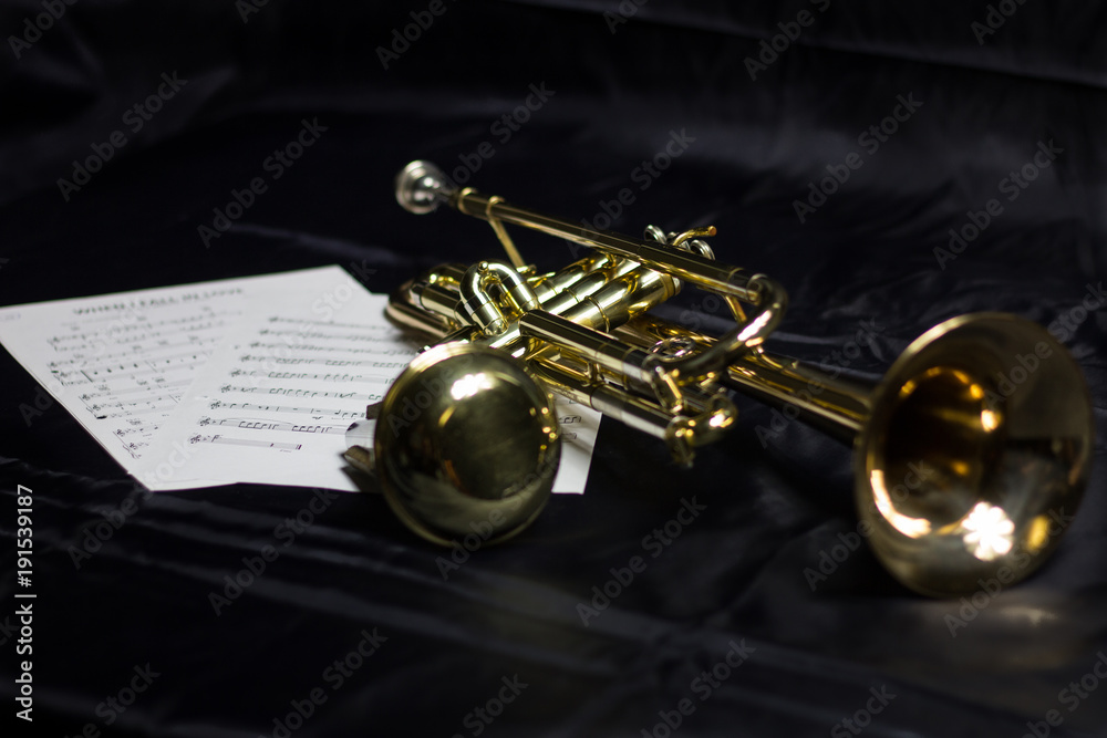 Obraz premium Gold tin trumpet lying on a black background surrounded by music notes closeup
