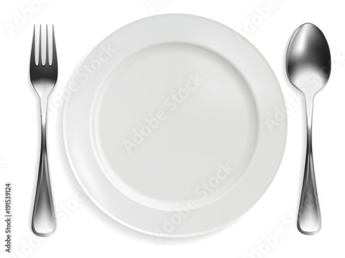 empty plate, fork and spoon on white background. realistic design. vector illustration.