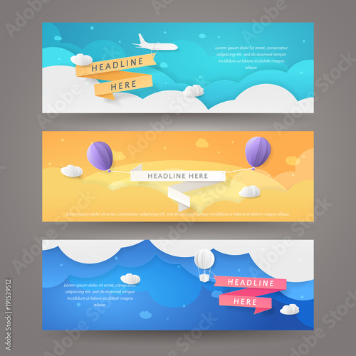 Set of vector banners in paper cut style with airplane, aerostat, balloons and ribbons. Template with paper cutting art for design of flyers and business presentations on blue and yellow backgrounds.