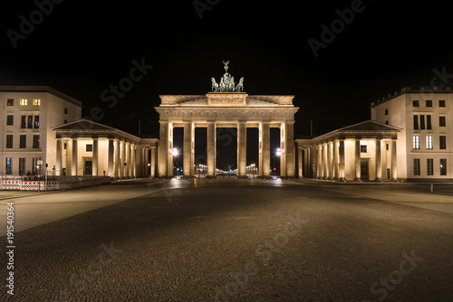 Germany, Berlin: Detail of illuminated Brandenburg Gate (Brandenburger Tor) at night in the middle of the German capital. The 18th-century monument was built by Prussian king Frederick William II.