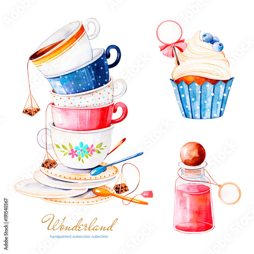Wonderland collection.Magical watercolor set with cupcake and bottle with label for your text, multicolor cups tea.Perfect for wallpaper,print,packaging,invitation,birthday,wedding,tea party,logo,menu