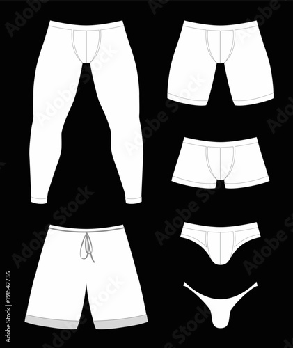 
Underpants set. Long johns, boxer shorts, midway briefs, trunks, briefs, thongs for men. Different models, types, styles, lengths, sizes. White underwear variation on black background.