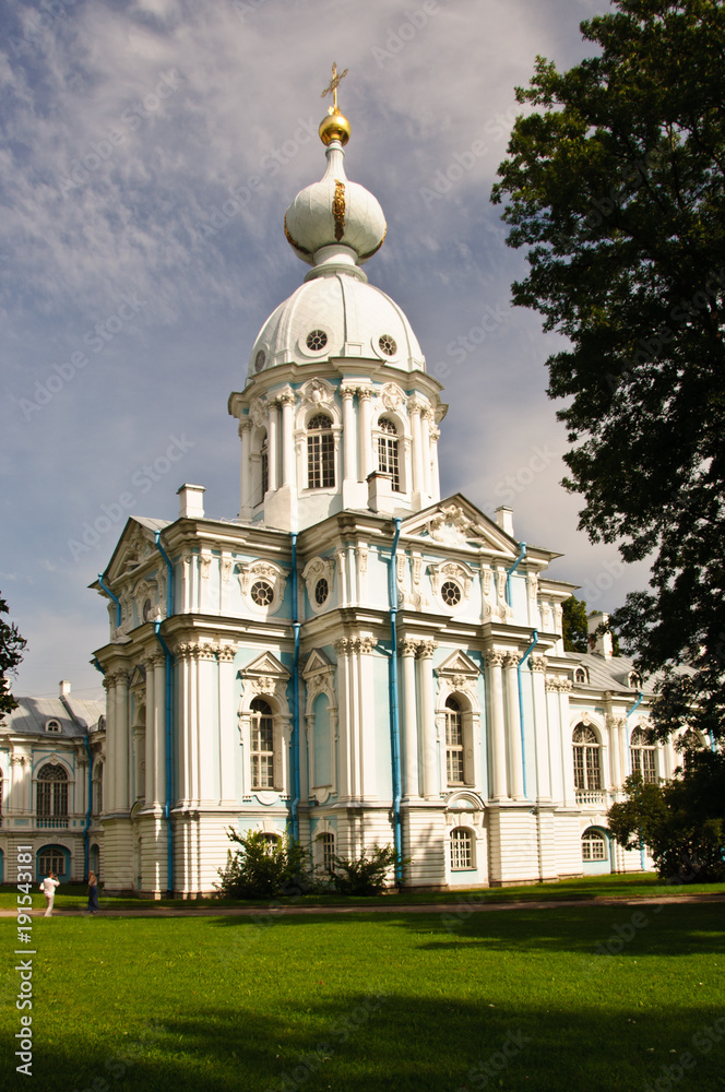 Corner tower of Smolny convent and Cathedral complex  in St Petersburg, Russia