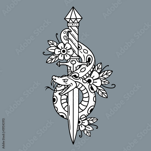 Vector tattoo dagger with snake. Old school