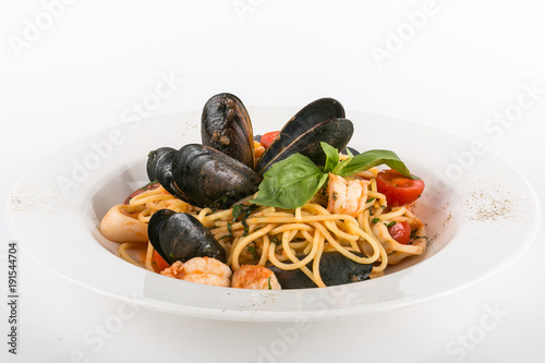 Spaghetti with Seafood Isolated on White Background