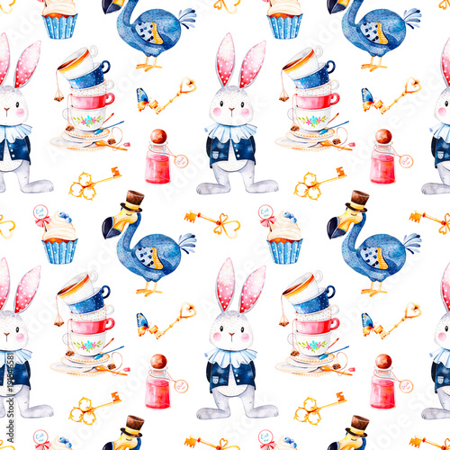 Wonderland seamless texture.Magical pattern with bottle,Dodo bird,golden keys,cute rabbit in blue jacket,cupcake and multicolor cups tea.Perfect for wallpaper,print,packaging,invitations,birthday.