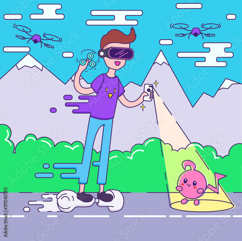 Guy in VR glasses on hoverboard holding spinner and cantching AR animal in the park with quadrocopters
