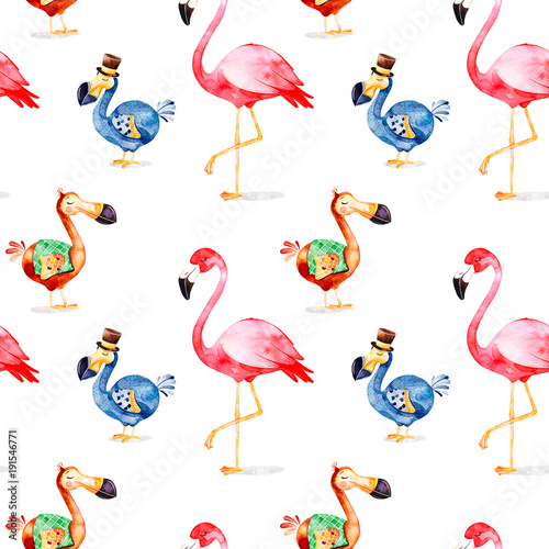 Wonderland seamless texture.Magical pattern with fantasy Dodo birdand flamingo.Perfect for wallpaper,print,packaging,invitations,birthday,wedding,book cover etc photo