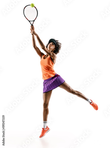 Young tennis girl in silhouette isolated on white background. Dynamic movement