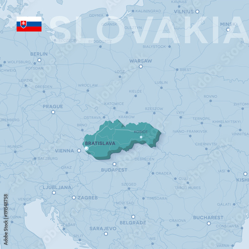 Photography Map of cities and roads in Slovakia.
