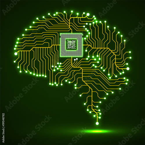 Neon brain. Cpu. Circuit board. Abstract technology background. Vector