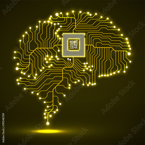 Neon brain. Cpu. Circuit board. Abstract technology background. Vector