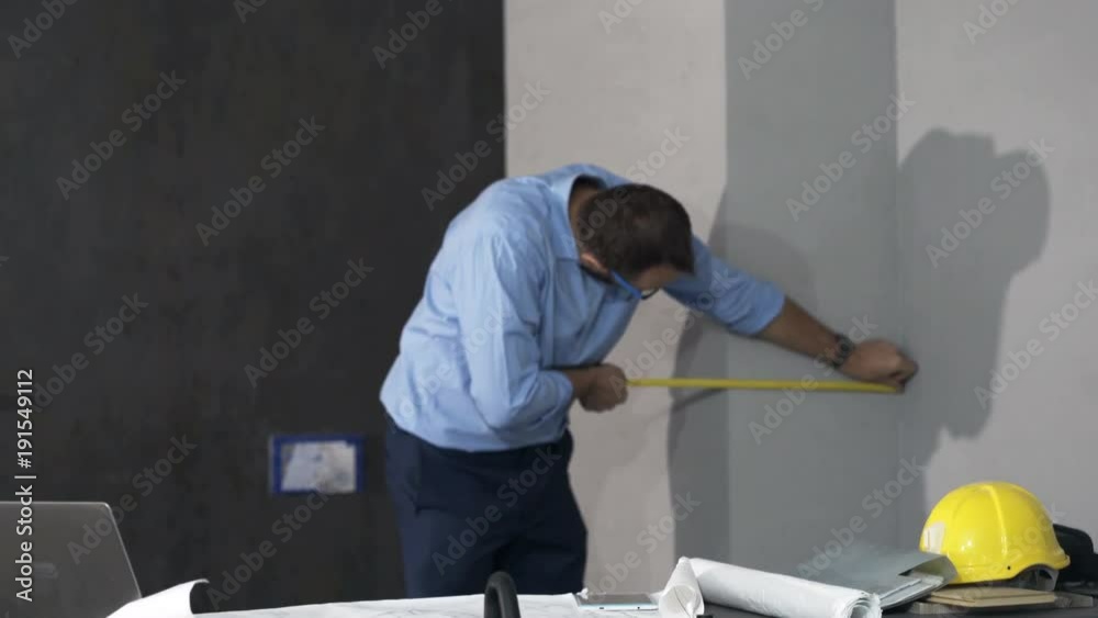 Young man with blueprints measuring wall and making notes at his new apartment
Young man with blueprints measuring wall and making notes at his new apartment