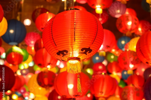 Chinese lanterns during new year festival Chinese new year lanterns in chinatown  firecracker celebration for background