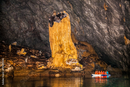 Boats at cave of Puerto Princesa subterranean underground river on Palawan, Philippines photo