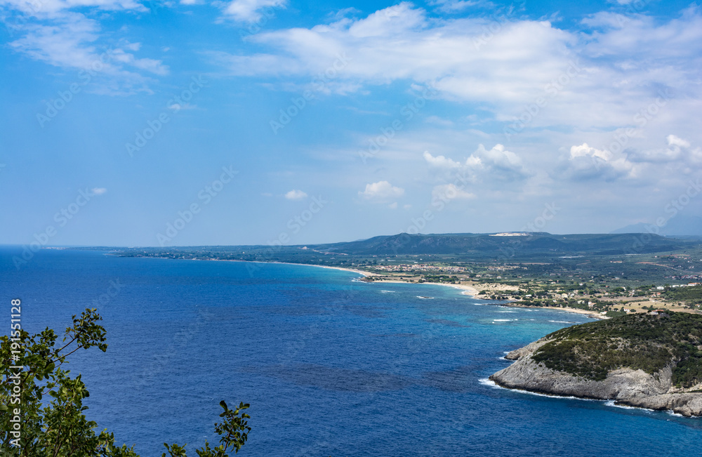 View of coastline in the Peloponnese region of Greece, from the Palaiokastro