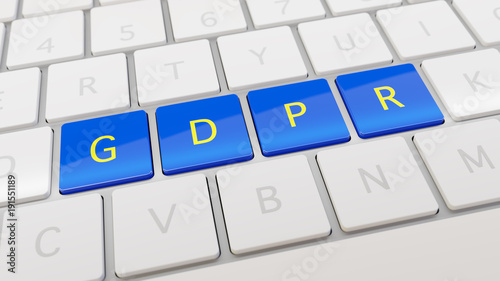 White keyboard with blue and yellow GDPR keys