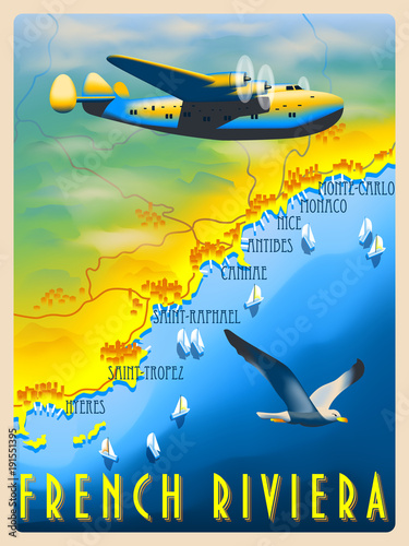 Flight over the French Riviera. Retro poster. Handmade drawing vector illustration.
