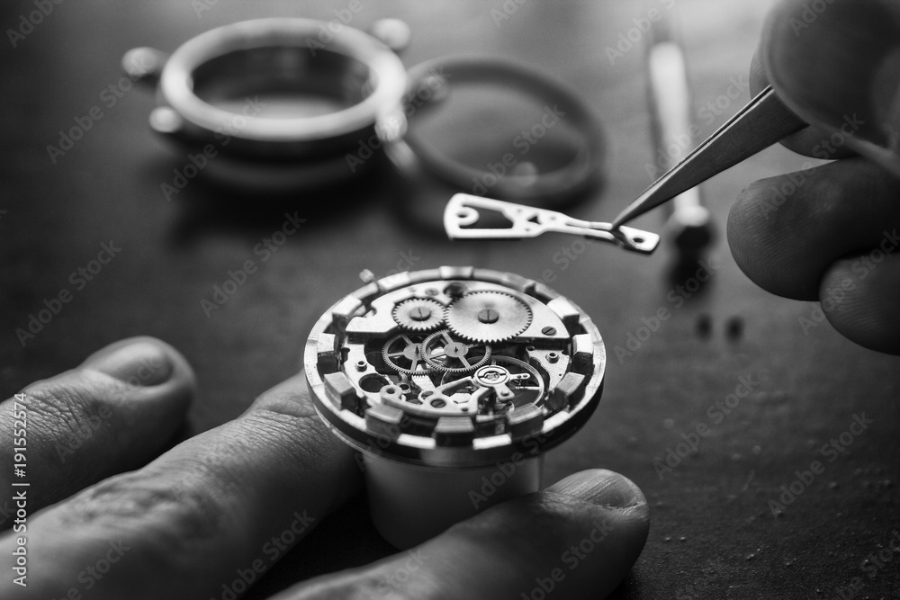 Process of installing a part on a mechanical watch, watch repair Process of installing a part on a mechanical watch, watch repair