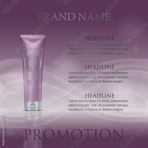Luxury cosmetic design advertising template. Purple tube with silver cup and modern circle graphic. Velvet wavy background. 3D Realistic skin care cream bottle for magazine. Vector EPS10.