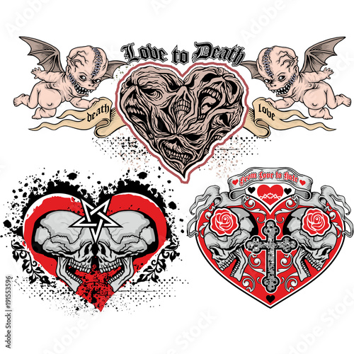 valentines skull with heart, grunge vintage design t shirts set
 photo