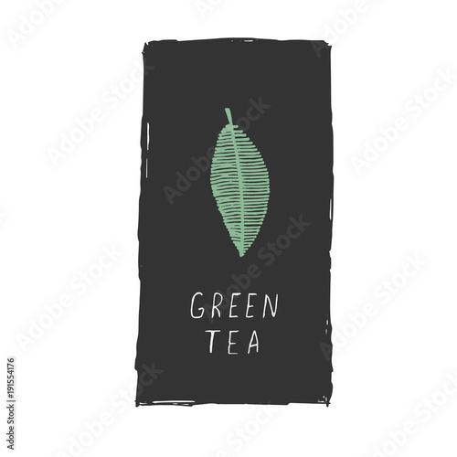 Green tea illustration. Leaf on black background