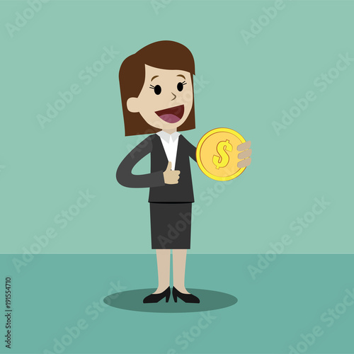 Businesswoman holds coin in his hand and has profit. Succsessful business. Payments photo