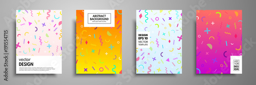 Placard templates set with abstract geometric elements. Memphis style cards. Collection of templates in trendy memphis fashion 80-90s. Applicable for placards, brochures, flyers, covers and banners.