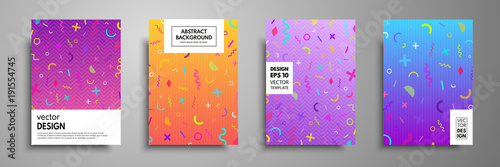 Placard templates set with abstract geometric elements. Memphis style cards. Collection of templates in trendy memphis fashion 80-90s. Applicable for placards, brochures, flyers, covers and banners.