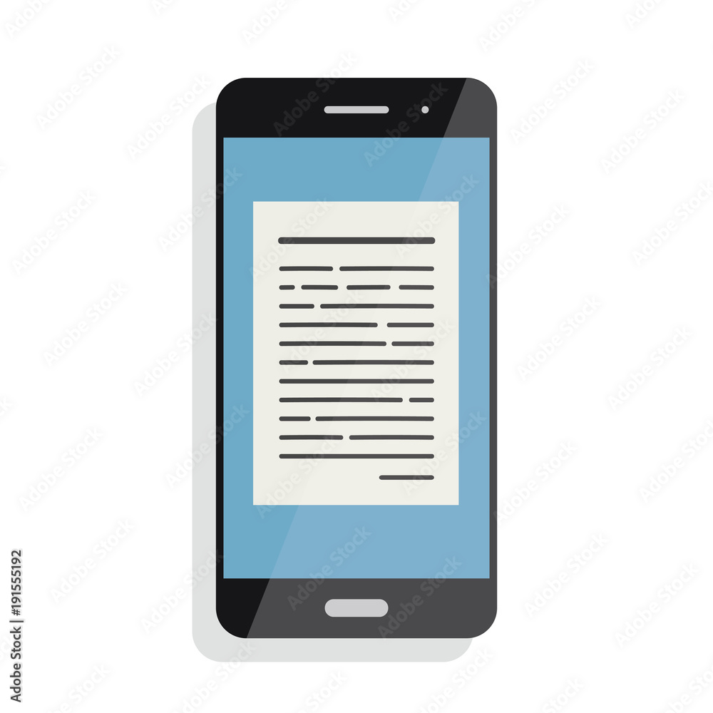 Reading online articles and news on mobile phone. Online books. Vector illustration in flat style isolated on white background Reading online articles and news on mobile phone. Online books. Vector illustration in flat style isolated on white background