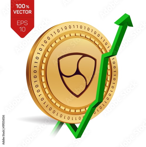 Nem. Growth. Green arrow up. Nem index rating go up on exchange market. Crypto currency. 3D isometric Physical Golden coin isolated on white background. Vector illustration.