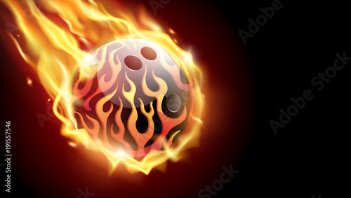 Flaming bowling ball on black background.Tv size banner. Vector clip art illustration.