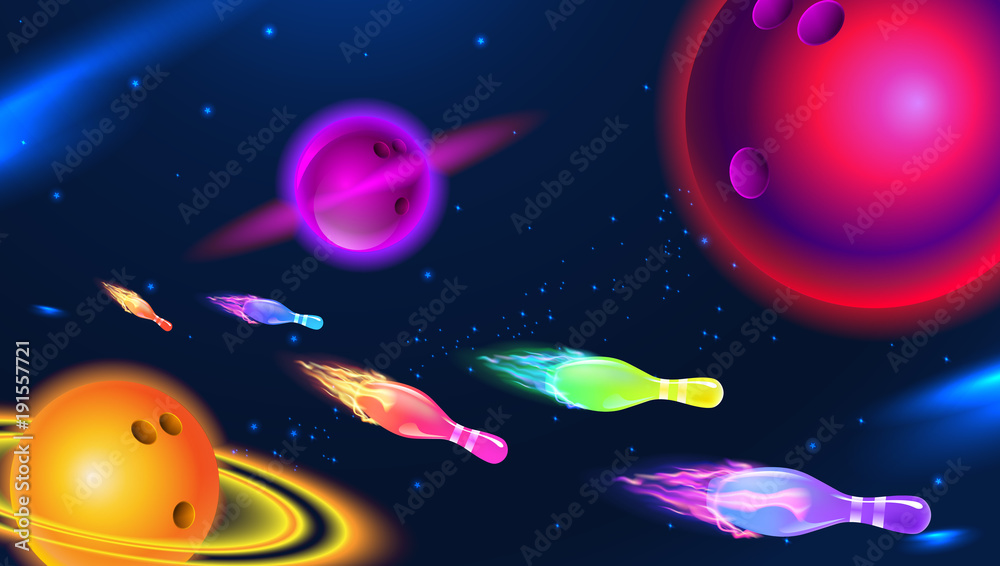Vector illustration of a cosmic bowling planet, space bowling pins and ball; on a blue star background. - obrazy, fototapety, plakaty 