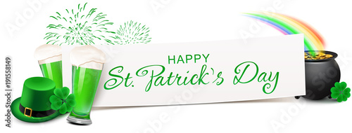 Happy St Patricks Day - Banner with Leprechaun Hat, Shamrock, Fireworks and a pot of gold under the Rainbow