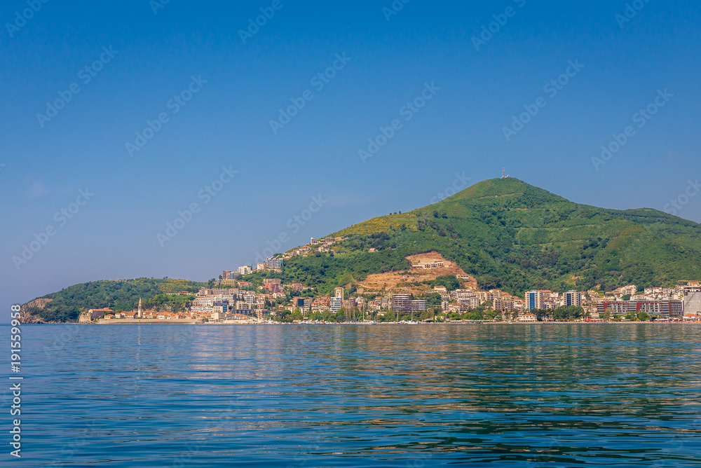 Mountain above Budva city seen from Adriatic Sea in Montenegro
