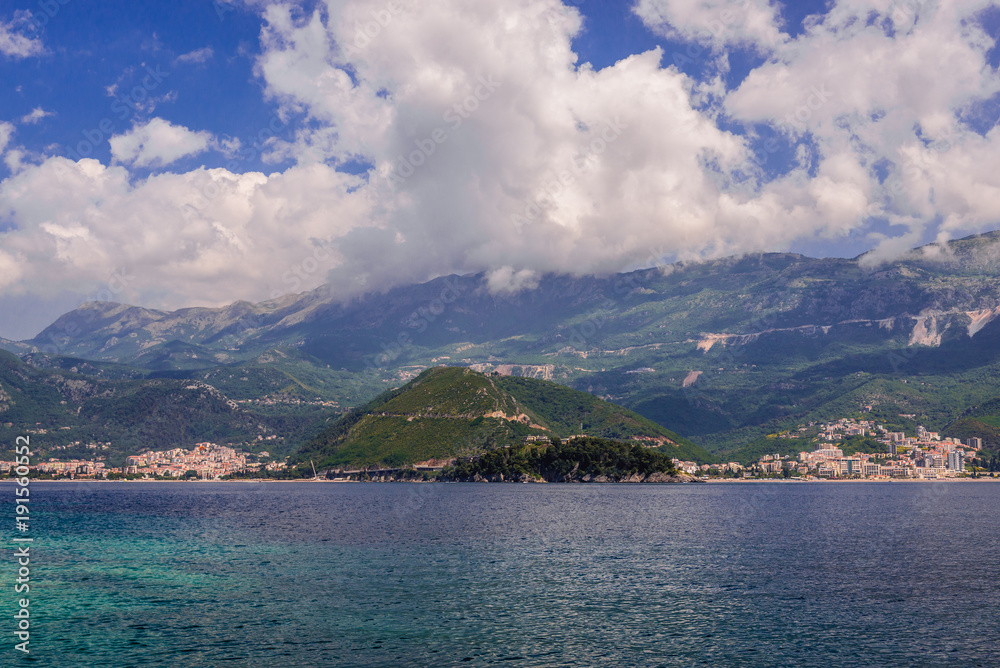 View from sea on Budva and Becici towns on so called Budva Riviera in Montenegro