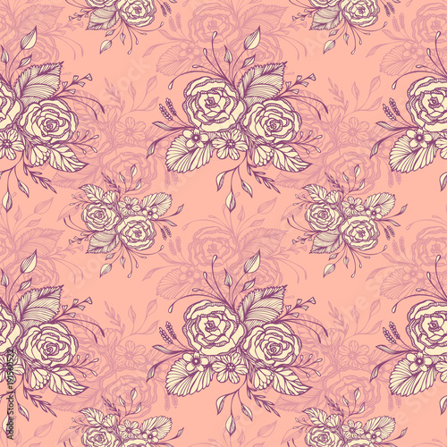 Seamless pattern with flowers bouquet   in pink in retro style for decoupage or for wallpaper or textile or  for decoration package of cosmetic perfume shampoo soap