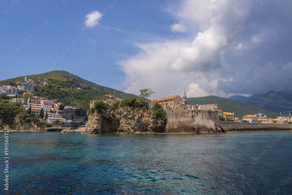 View from Adriatic Sea on Budva, famous resort town in Montenegro