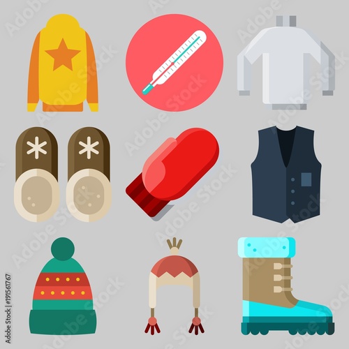 Icons set about Winter with mitten  slippers  winter hat  thermometer  vest and sweater