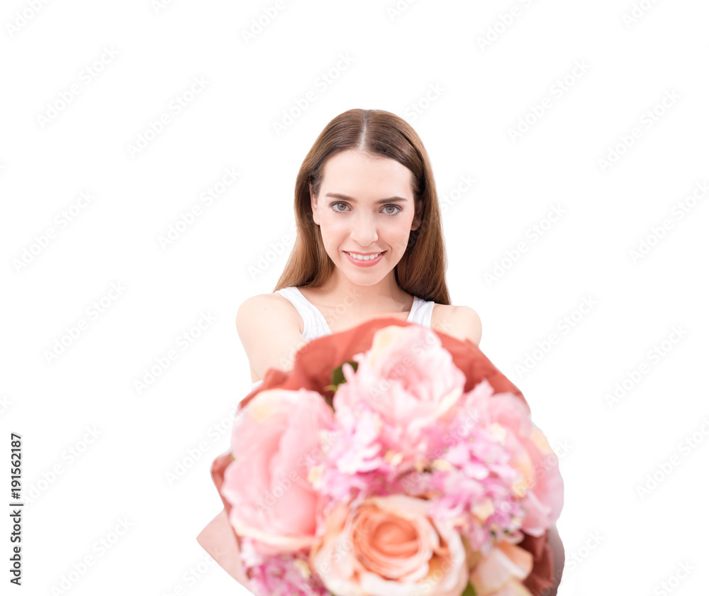 Beautiful fresh young caucasian woman smiling showing pink flowers in hands isolated on white background. Beautiful fresh young caucasian woman smiling showing pink flowers in hands isolated on white background.