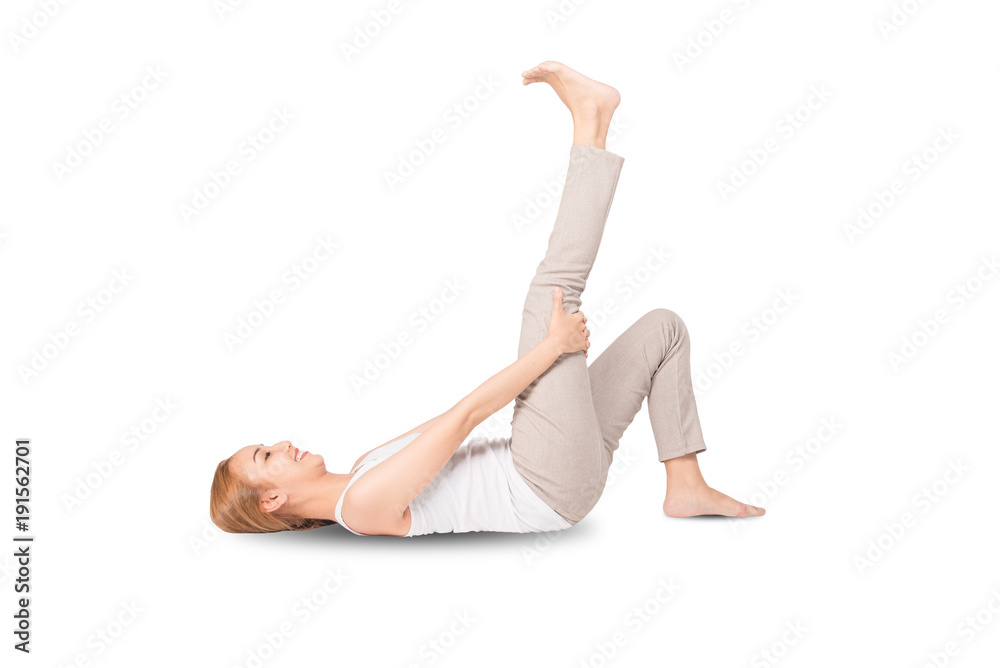Portrait of asian young attractive smiling woman practicing yoga exercise ,working out, wearing sportswear ,isolated on white, Basic yoga.