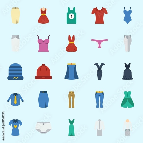 icons set about Women Clothes. with dress  panties  sleeveless  suit  pants and swimsuit