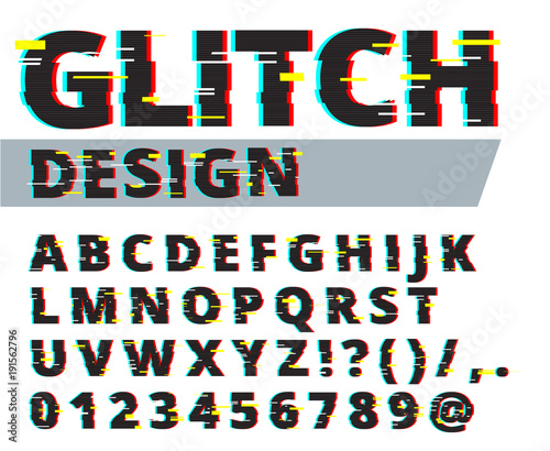 Trendy style distorted glitch typeface. Letters and numbers vector illustration. Glitch font design.