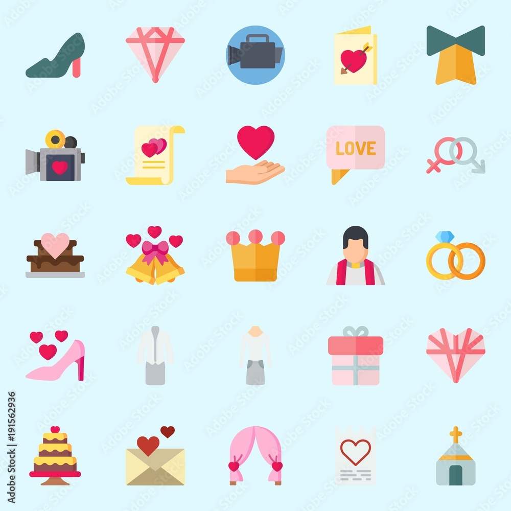 icons set about Wedding. with wedding bells, wedding rings, bell, gift, video camera and wedding invitation icons set about Wedding. with wedding bells, wedding rings, bell, gift, video camera and wedding invitation