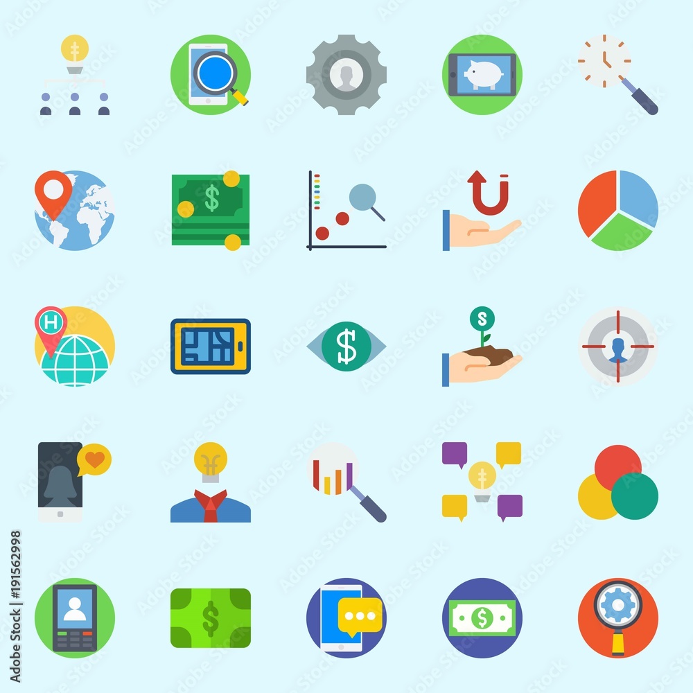 Fototapeta premium icons set about Marketing. with line chart, worldwide, target, money, smartphone and teamwork