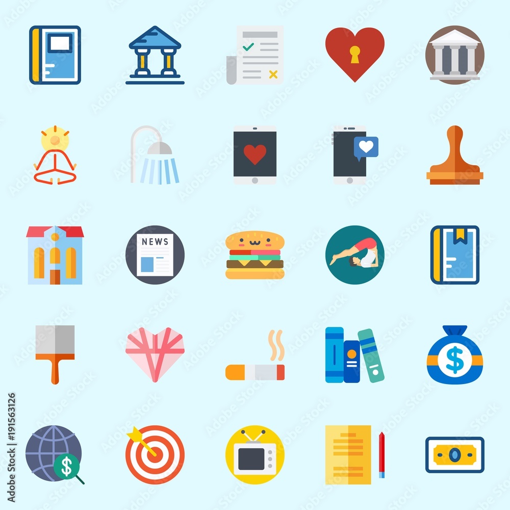 Icons set about Lifestyle with money, yoga, museum, books, book and love Icons set about Lifestyle with money, yoga, museum, books, book and love