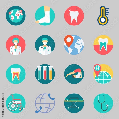 Icons set about Medical. with worldwide, sprain and wheelchair
