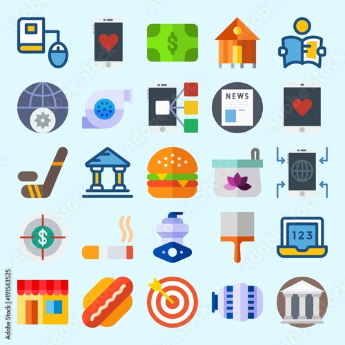 icons set about Lifestyle. with museum, newspaper, motor, hamburger, rent and online store