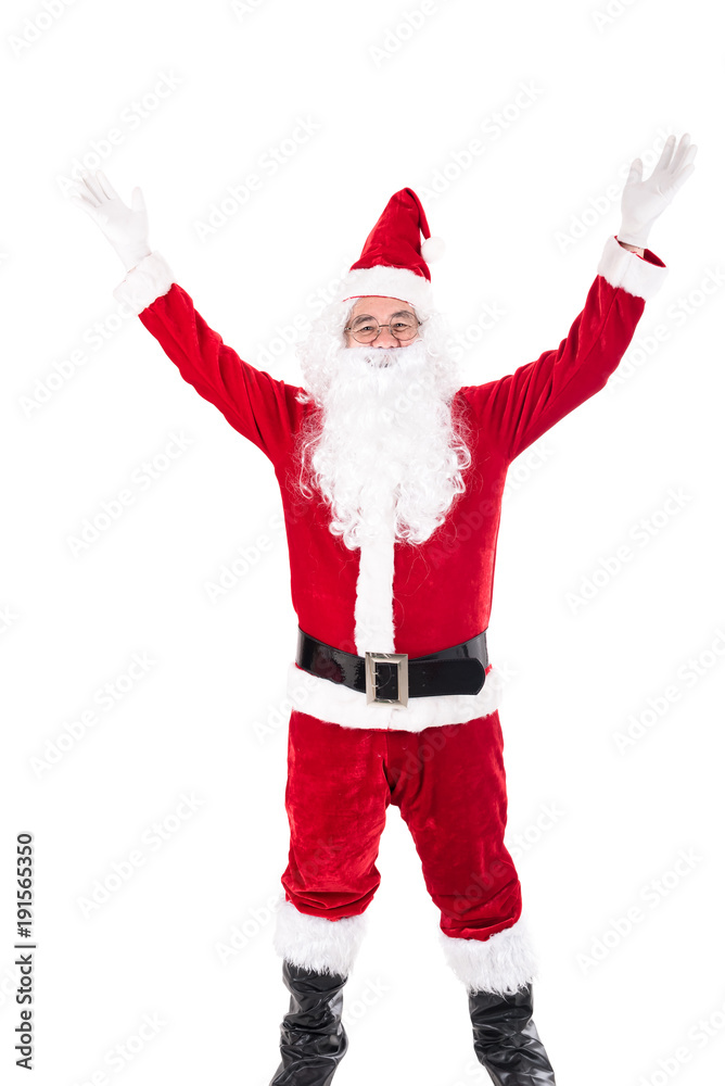 Happy traditional Santa claus showing with copyspace. Joyful Santa claus standing gesturing his hand isolated on white.Presenting something. Full length portrait Happy traditional Santa claus showing with copyspace. Joyful Santa claus standing gesturing his hand isolated on white.Presenting something. Full length portrait